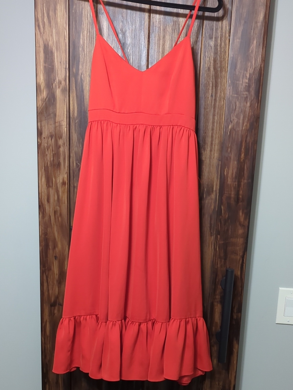 J. Crew Coral Red Spaghetti-Strap Midi Dress with Ruffle Hem